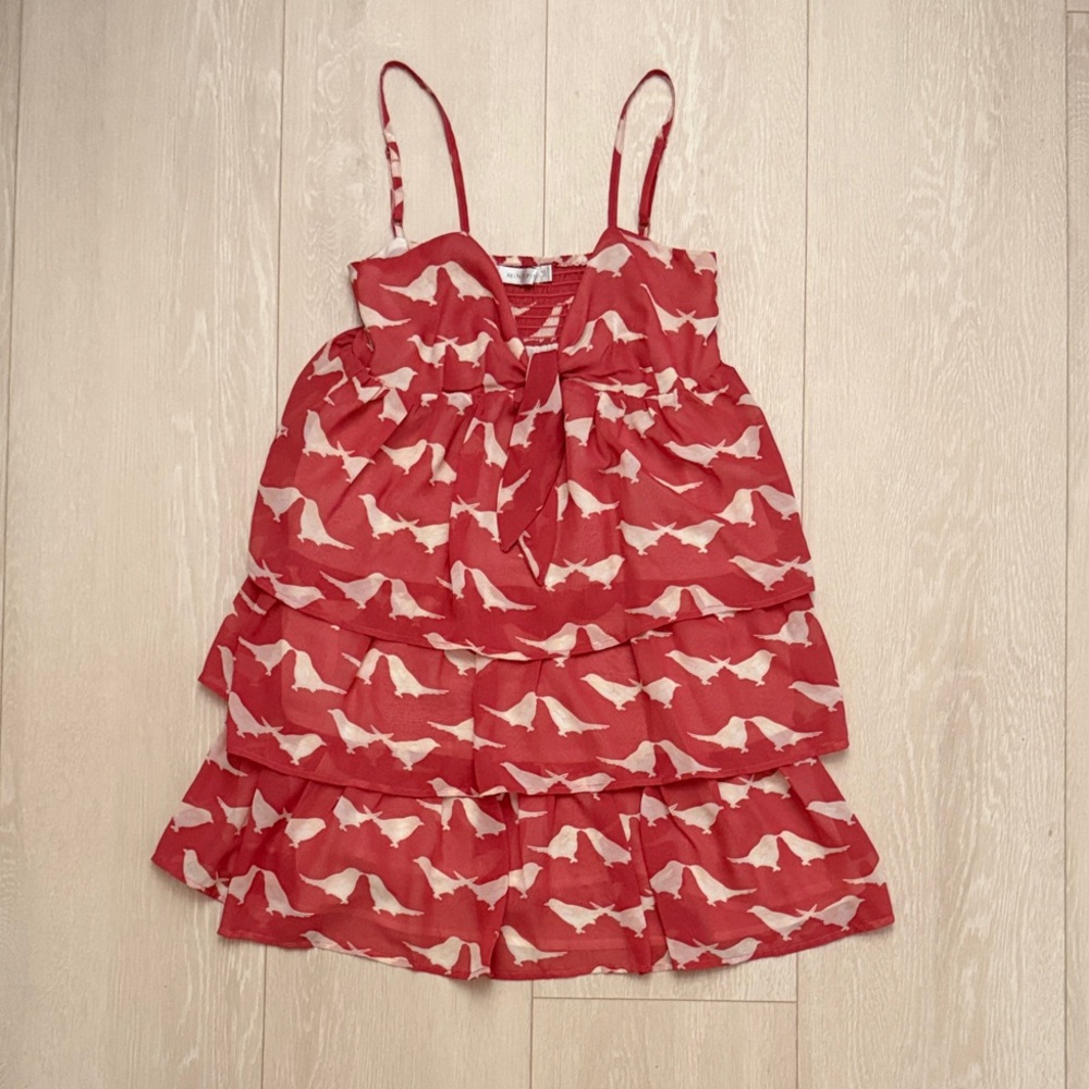 MINKPINK Coral and Cream Tiered Dress with Bird Design
